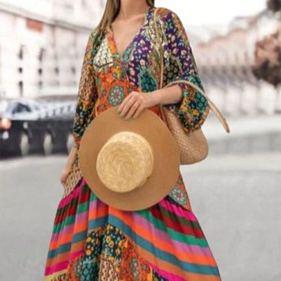 Multicolor Boho Women's Stitching Design Lantern Sleeve Print Dress - Picture 2 of 5